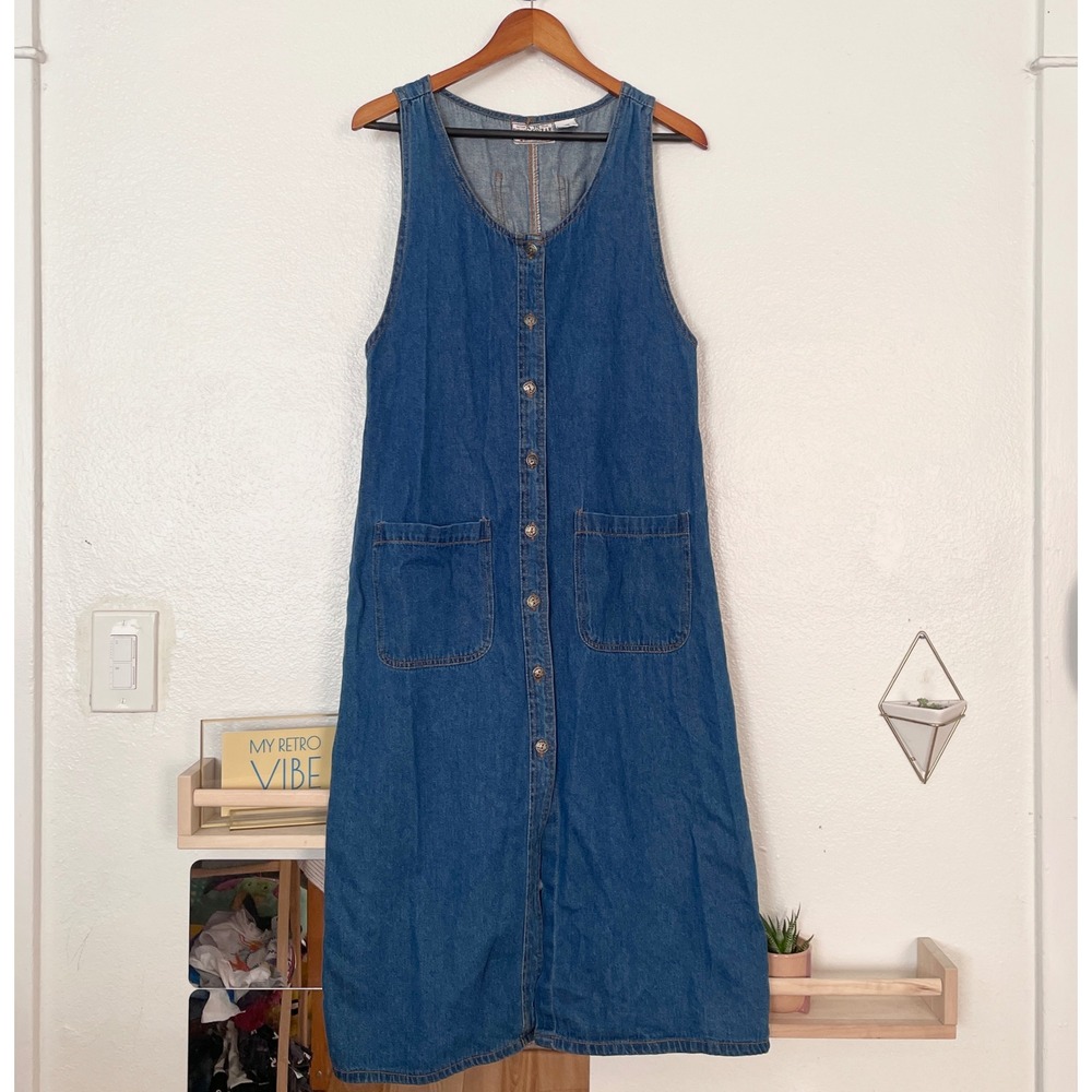 Vintage AJS Denim Wear Blue Button Front Jumper Dress Medium Cotton Midi Pockets